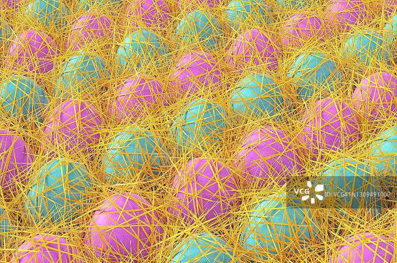 稻草中大量的紫蓝色复活节彩蛋3D渲染图片素材