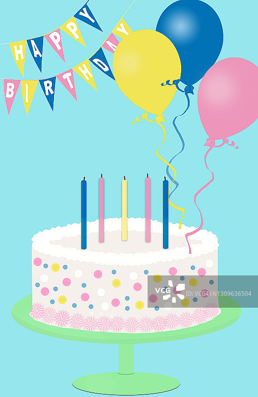 蓝色背景上的气球和banner生日蛋糕插画图片素材
