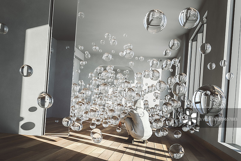 空旷公寓中抽象的弹跳玻璃球图片素材