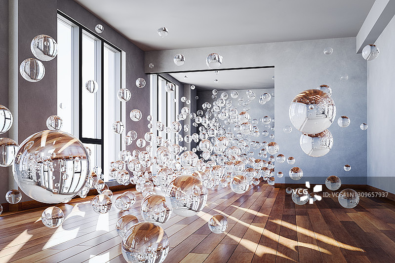 空旷公寓中抽象的弹跳玻璃球图片素材