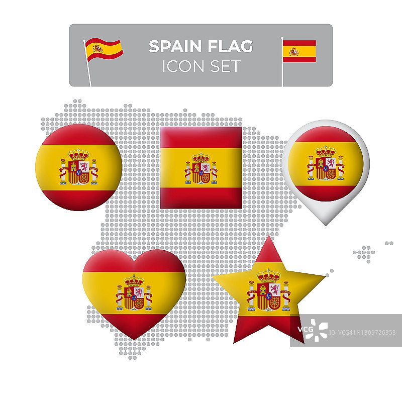西班牙国旗图标：方形、心形、圆形、星形和指针、地图标记及西班牙马赛克地图。西班牙国旗矢量符号、图标、按钮图片素材