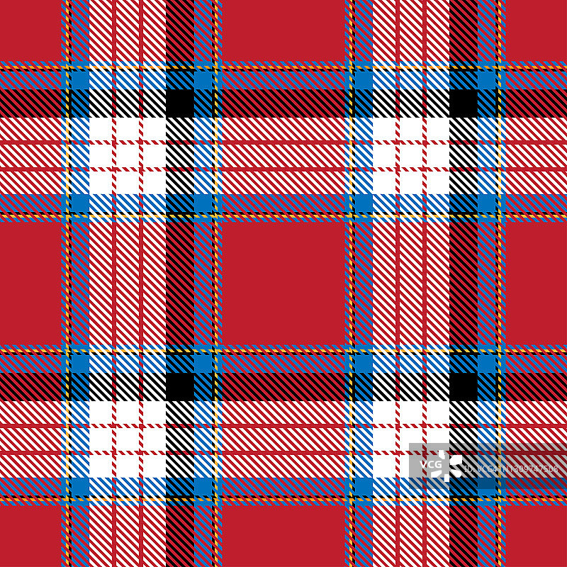 格子花纹无缝图案，黑白黄蓝线条面料纹理红色背景，苏格兰格子，新年圣诞装饰，格子设计矢量图图片素材
