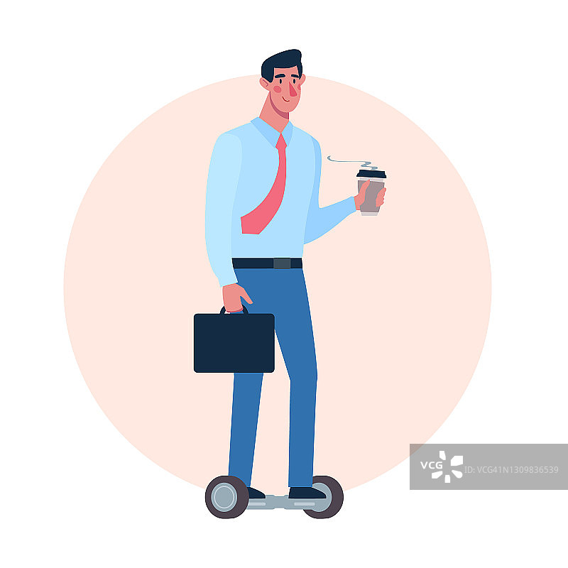 男人踩着悬浮滑板去上班，手拿咖啡，环保出行，扁平风格矢量图片素材