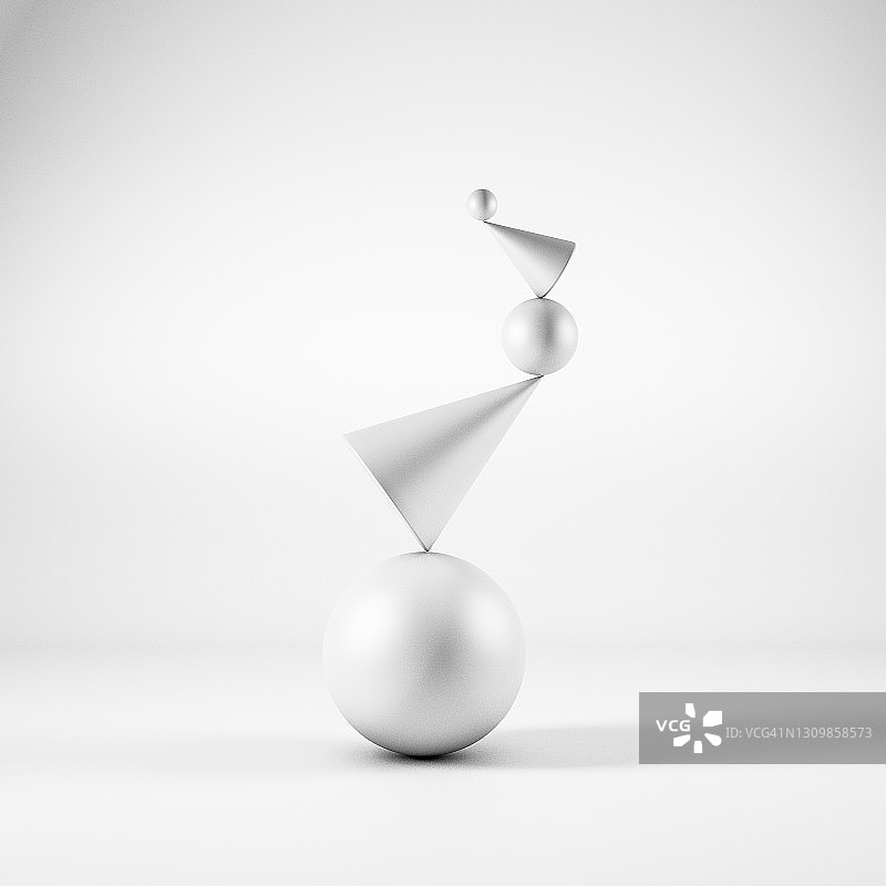 平衡抽象几何球锥背景，黑白3D渲染物体形状，极简主义静物风格图片素材