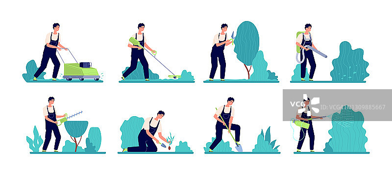 园丁工作场景：乡村有机农场或后院花园服务，专业农场护理灌木植物和树木矢量图图片素材