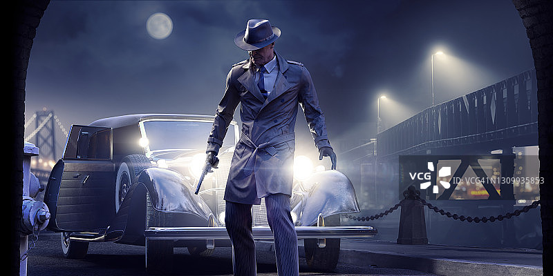 电影黑色：侦探或歹徒在雾夜桥附近，车头灯前持枪，远处有城市灯光图片素材