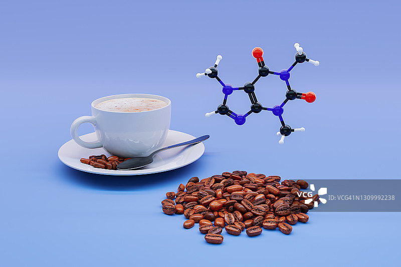 奶油咖啡与咖啡豆，蓝色背景图片素材