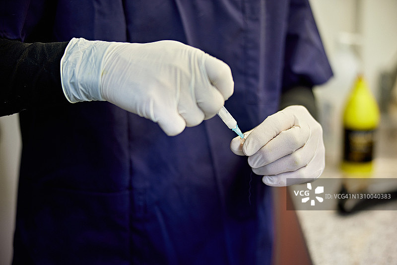 戴着外科手套准备注射器的医生图片素材