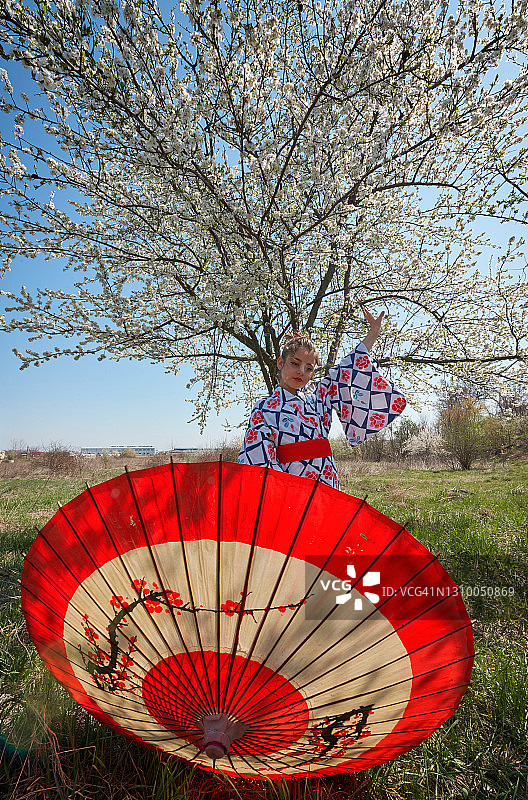 春天，京都，一位舞妓打着伞在花园里散步图片素材