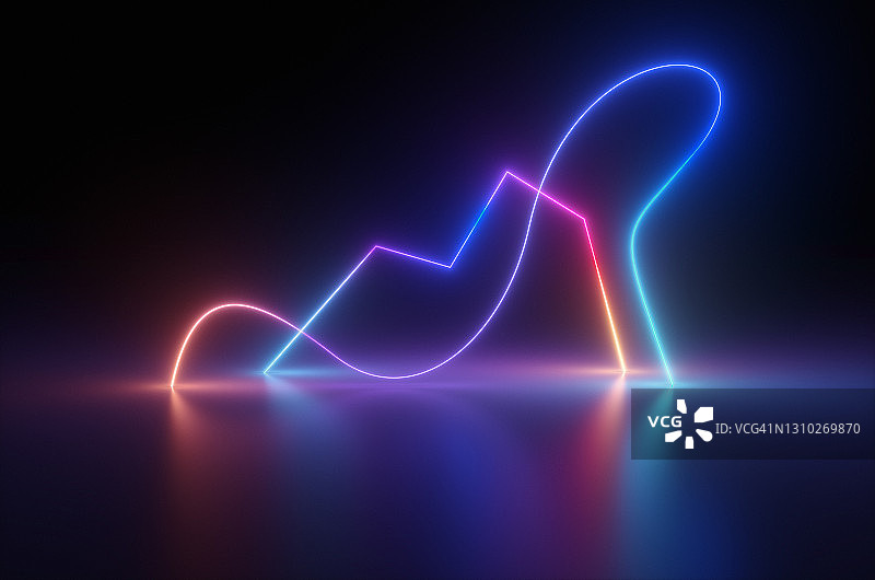 合成波风格锯齿图与霓虹紫外线在夜间房间的表面反射的3D渲染图图片素材