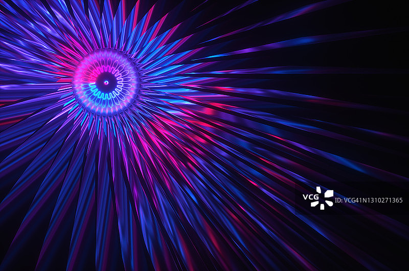 紫色和蓝色霓虹灯与镜面碎片抽象径向背景3D渲染插图图片素材