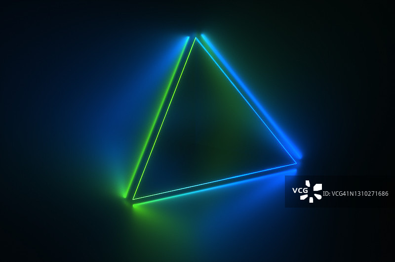 蓝色霓虹合成波风格三角形在夜晚房间的表面反射的形状，3D渲染插图图片素材