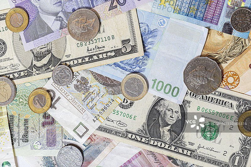 来自不同国家的货币、纸币和硬币图片素材