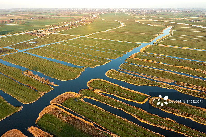 荷兰的沼泽、草地和开放水域航拍照片图片素材
