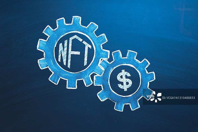 NFT概念：NFT标志与美元齿轮，区块链技术应用于加密艺术、收藏品和游戏图片素材