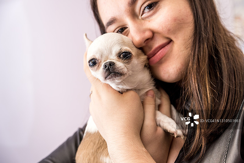 快乐的少女和可爱的小奇瓦瓦图片素材