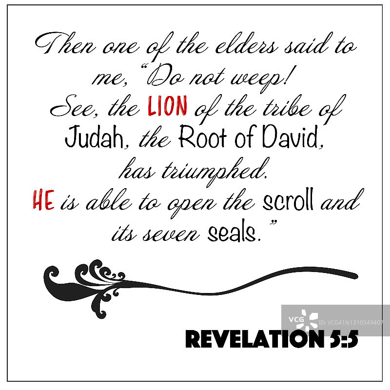 启示录5:5 - 犹大之狮不再哭泣白色矢量背景，能够从新约圣经经文中打开卷轴和印章，以鼓励基督徒。图片素材