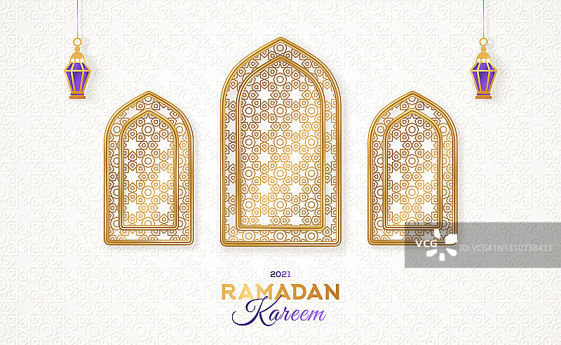 金色阿拉伯窗户和灯笼图片素材