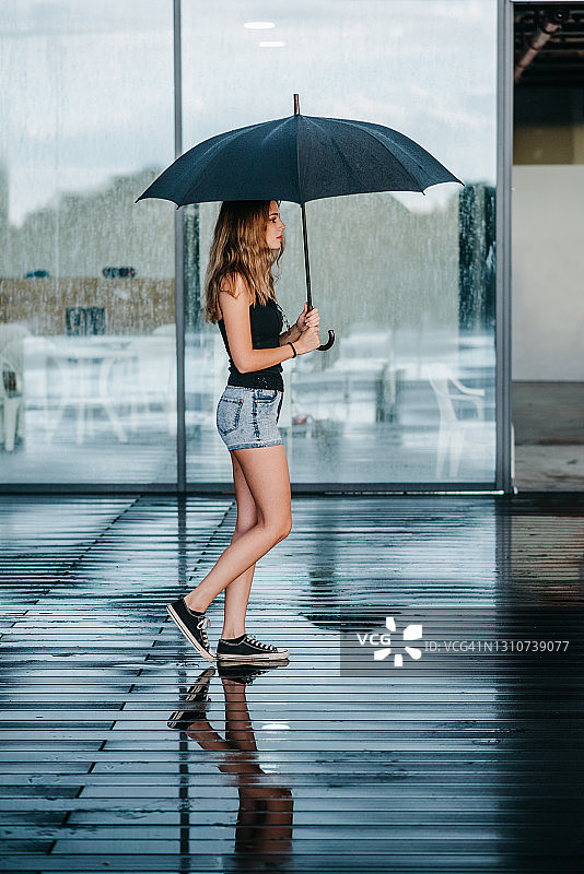 一位年轻女人撑伞行走图片素材
