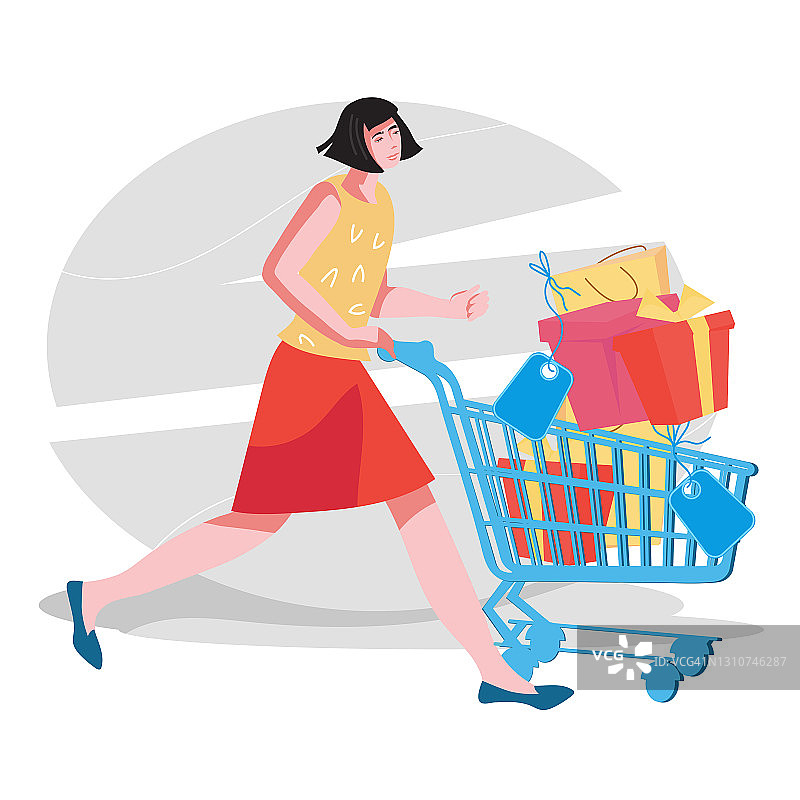 推着超市购物车的女人，扁平矢量图图片素材