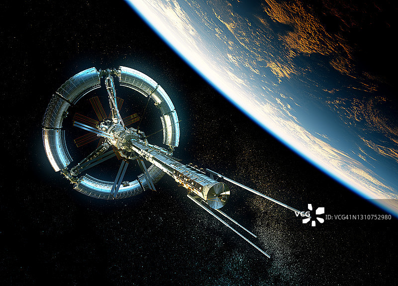 在地球上空运行的全新国际空间站图片素材