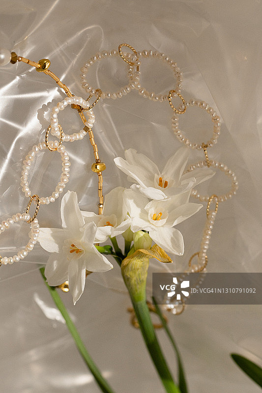 塑料包装纸上的项链和花朵图片素材