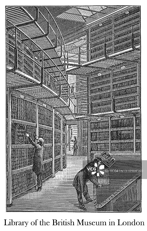英国伦敦大英博物馆图书馆古老雕刻插图图片素材