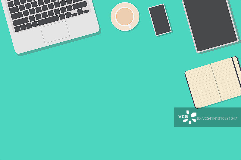 绿色背景的空办公桌俯视图矢量插画图片素材