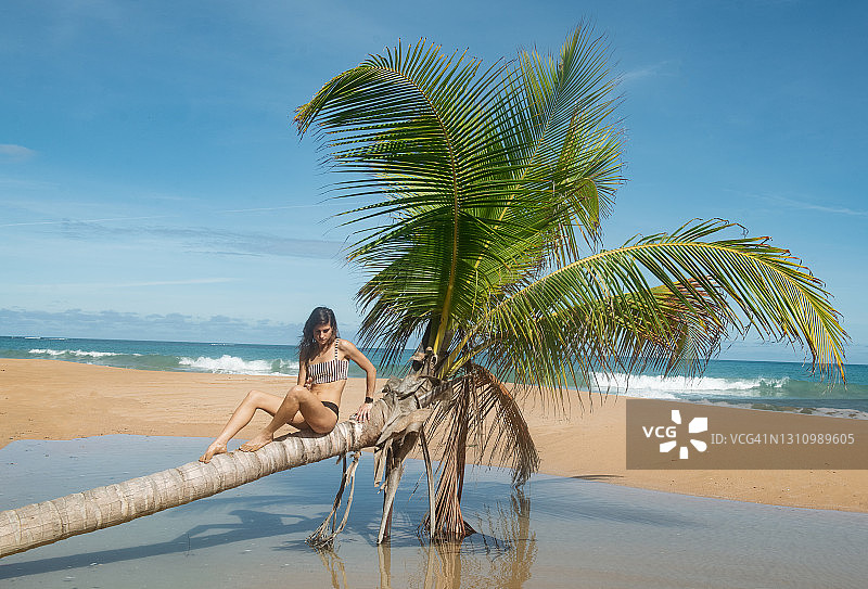 女孩和棕榈树在波多黎各海滩休闲图片素材