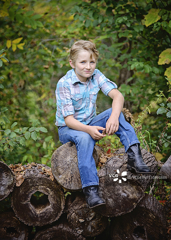 坐在乡村木堆上的年轻金发蓝眼男孩图片素材