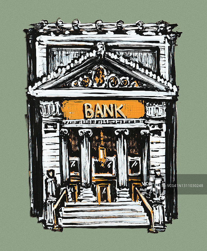 手绘经典社区银行建筑插画图片素材