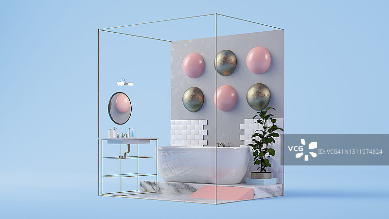 带透明墙壁的干净的家庭浴室的3D渲染图片素材