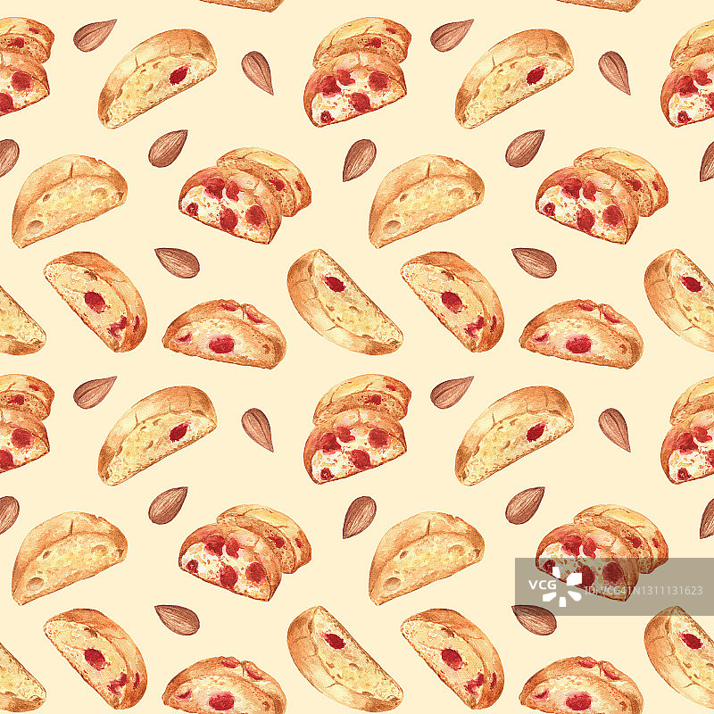 樱桃杏仁意式脆饼无缝图案，浅黄色背景。水彩精美插图。图片素材