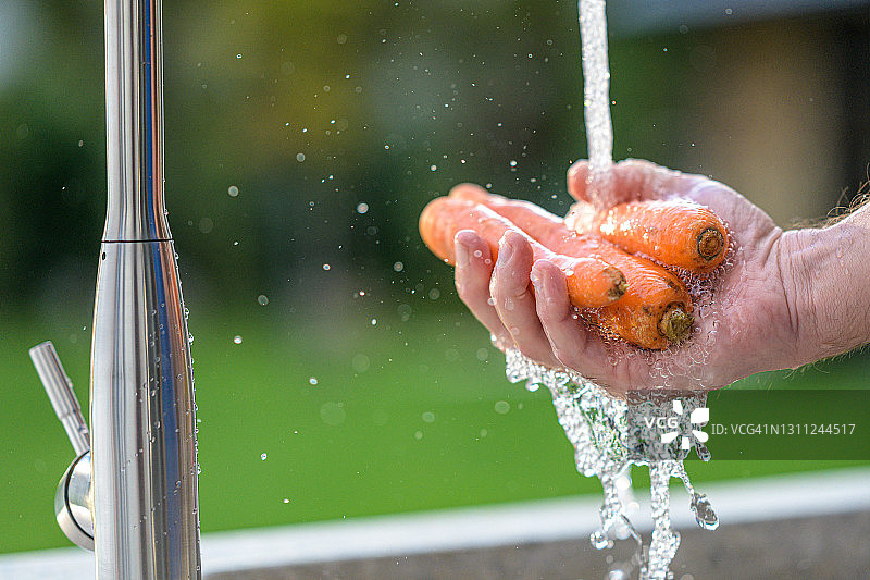 男人在花园水槽里洗胡萝卜图片素材