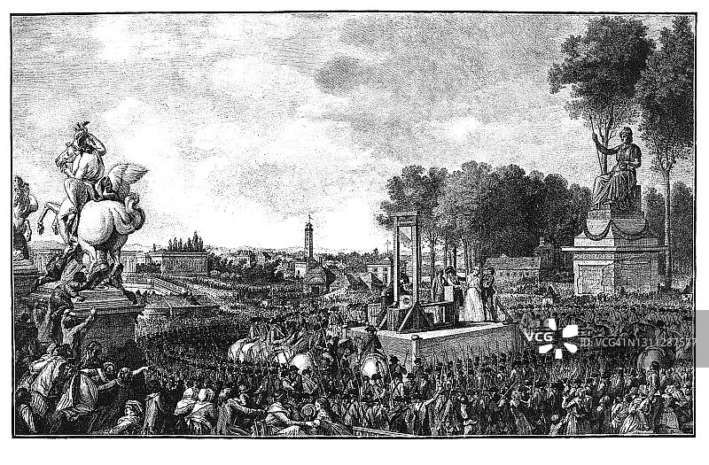 1793年10月16日玛丽·安托瓦内特皇后在革命广场被处决复古雕刻插图图片素材