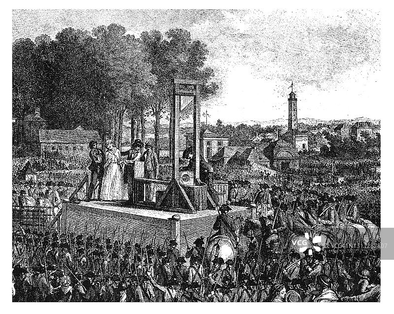 1793年10月16日玛丽·安托瓦内特皇后在革命广场被处决复古雕刻插图图片素材