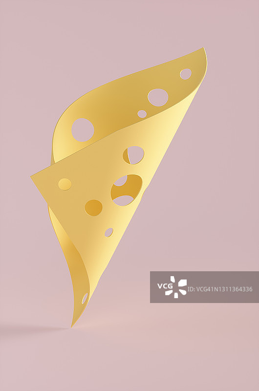 粉色背景上带孔的黄色荷兰奶酪薄片特写，抽象3D渲染插图图片素材