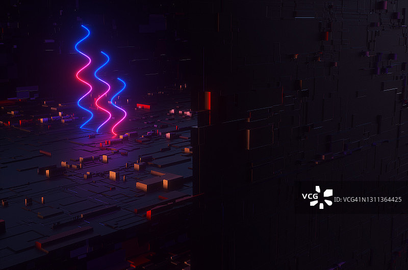 夜间未来主义空间背景中合成器浪潮风格的彩色霓虹灯锯齿形图片素材