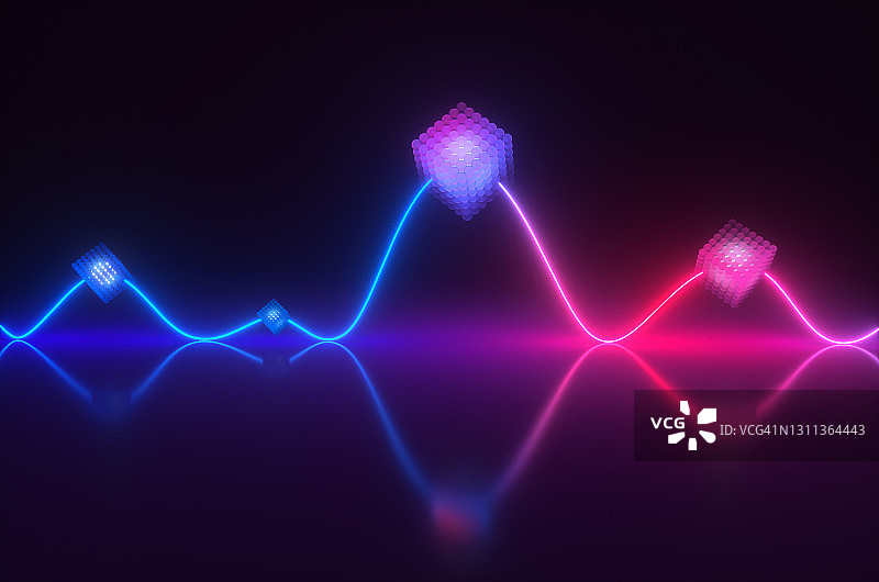 合成波风格霓虹紫外光之字形图，玻璃立方体附近的夜间房间。3D渲染图图片素材