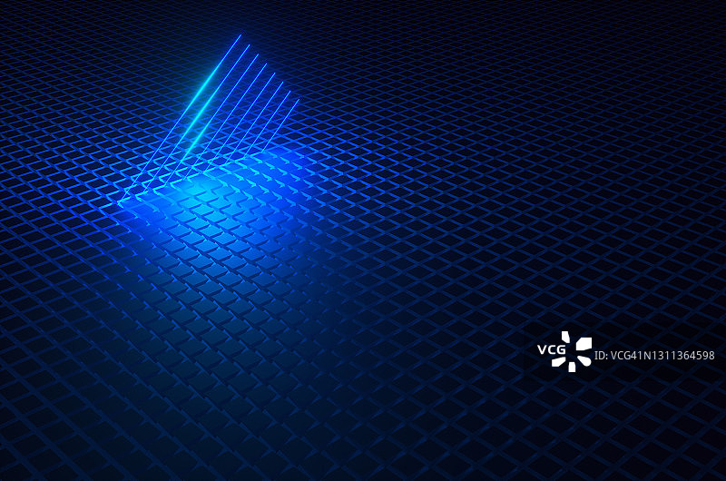 深蓝色房间内蓝色正方形地板上的蒸汽波风格霓虹灯线3D渲染图片素材