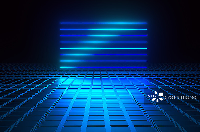 深蓝色房间内蓝色正方形地板上的蒸汽波风格霓虹灯线3D渲染图片素材