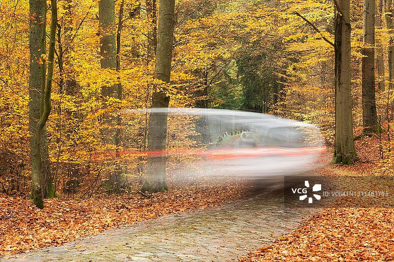 汽车行驶在穿过秋季森林的狭窄鹅卵石路上，位于德国梅克伦堡-西波美拉尼亚州的费尔德贝格湖区图片素材