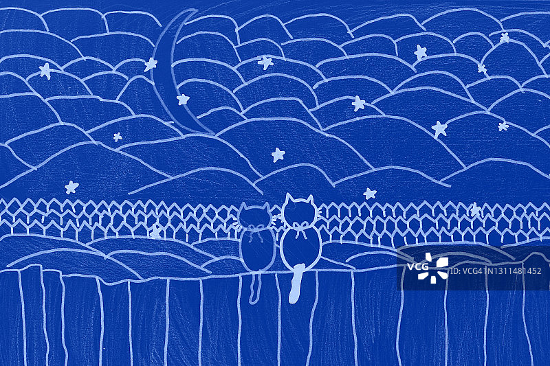 儿童画：墙上的两只猫看着城市上空的星星和月亮图片素材