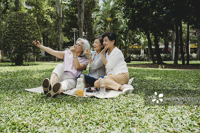三位女士在公园野餐自拍图片素材