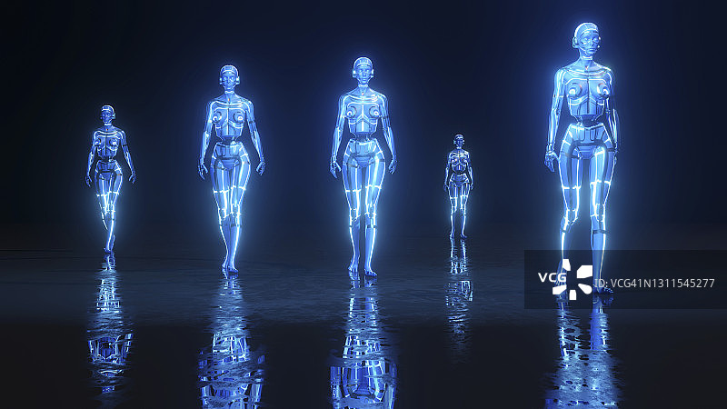 在黑暗环境中行走的未来主义人形机器人3D渲染图片素材