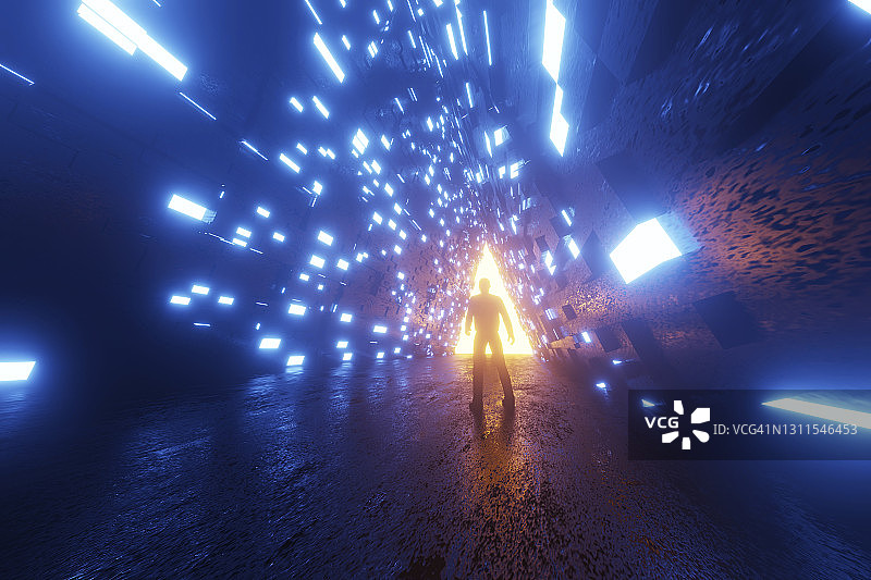 未来走廊三角形发光传送门剪影2.5D渲染图片素材