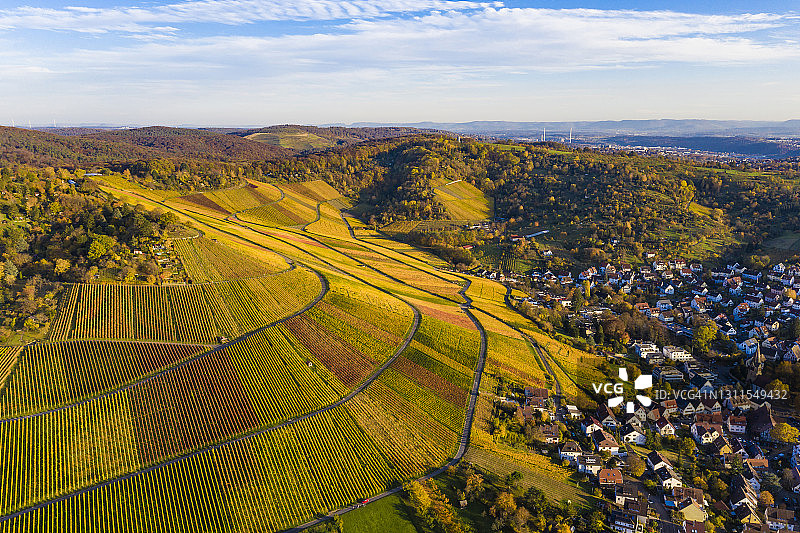 德国巴登-符腾堡州斯图加特秋季葡萄园的鸟瞰图图片素材