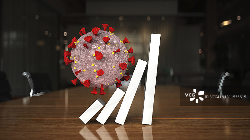 新冠病毒细胞推倒多米诺骨牌的三维渲染图图片素材