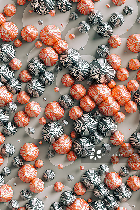 放在波尔卡圆点图案上的红色和灰色锥体的3D渲染图图片素材