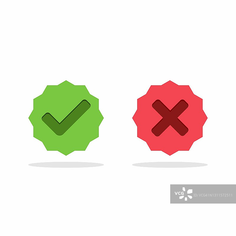 检查和错误标记，打勾和打叉标记，接受/拒绝，批准/不批准，是/否，对/错，绿/红，正确/假，Ok/不Ok -绿色和红色的矢量标记符号。孤立的图标。图片素材